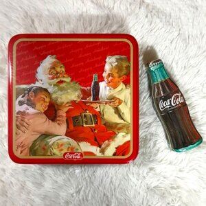 Set of 2 Vintage Coca-Cola Santa and Sweet Kids Tin + Coke Bottle Tin Set